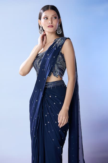 Buy Samyukta Singhania Blue Silk, Georgette Cut Work, Beads, Sequins Embroidered Pre-draped Saree Set Online at Aza Fashions Buy_Samyukta Singhania_Blue Silk, Georgette Cut Work, Beads, Sequins Embroidered Pre-draped Saree Set _Online_at_Aza_Fashions