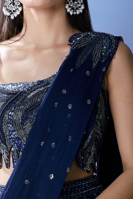 Shop Samyukta Singhania Blue Silk, Georgette Cut Work, Beads, Sequins Embroidered Pre-draped Saree Set Online at Aza Fashions Shop_Samyukta Singhania_Blue Silk, Georgette Cut Work, Beads, Sequins Embroidered Pre-draped Saree Set _Online_at_Aza_Fashions