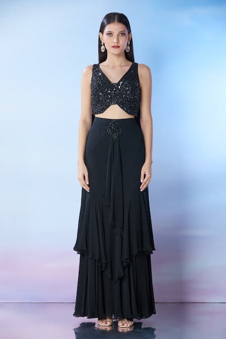 Samyukta Singhania_Black Net, Georgette Cut Work, Beads, Sequins Cutdana Embroidered Skirt Set _Online_at_Aza_Fashions