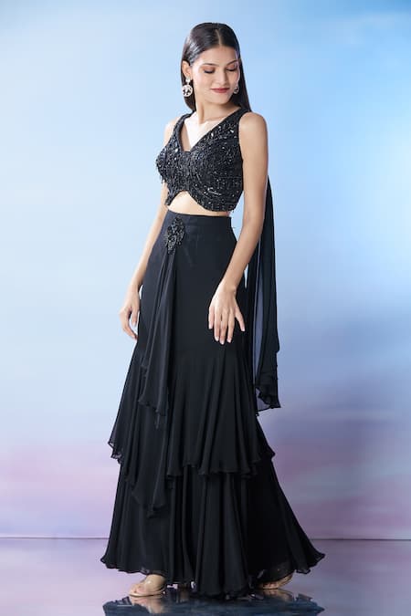 Shop_Samyukta Singhania_Black Net, Georgette Cut Work, Beads, Sequins Cutdana Embroidered Skirt Set _Online_at_Aza_Fashions