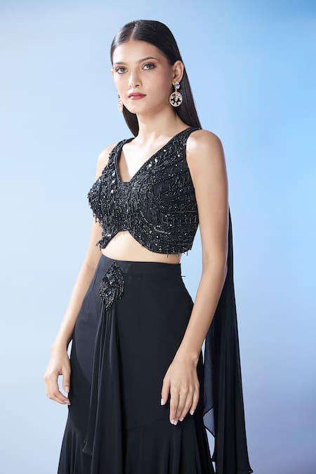 Samyukta Singhania_Black Net, Georgette Cut Work, Beads, Sequins Cutdana Embroidered Skirt Set _at_Aza_Fashions