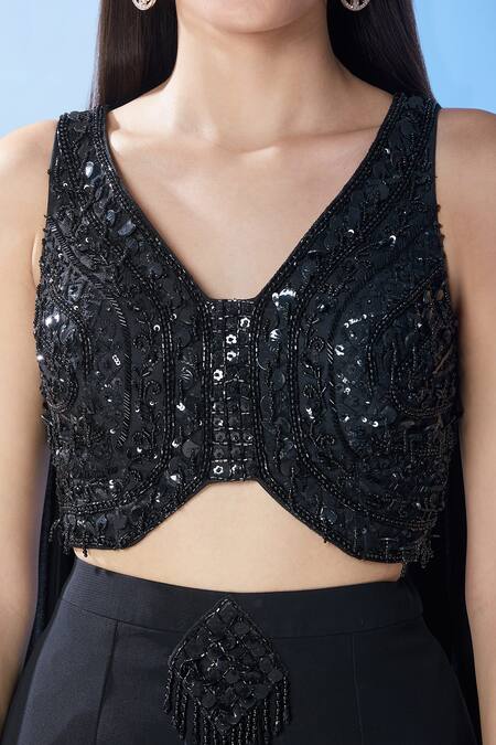 Buy_Samyukta Singhania_Black Net, Georgette Cut Work, Beads, Sequins Cutdana Embroidered Skirt Set 