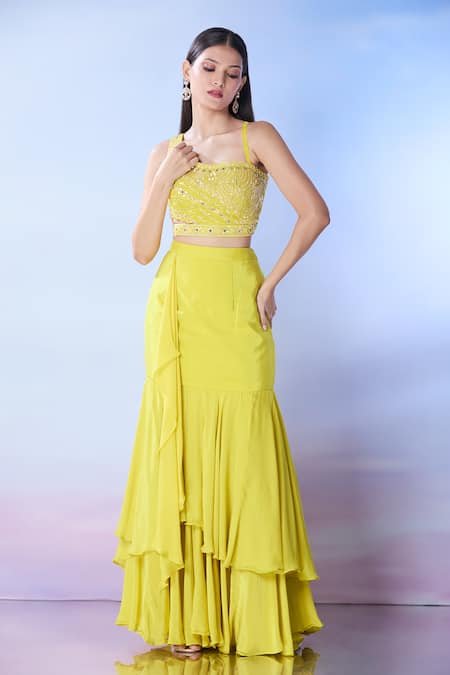 Samyukta Singhania Embroidered One-Shoulder Blouse & Skirt Set 