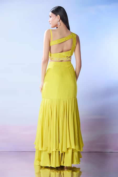 Samyukta Singhania One-Shoulder Embroidered Blouse & Skirt Set 