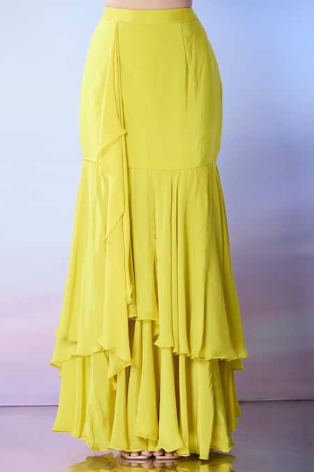 Buy_Samyukta Singhania_Yellow Silk, Georgette Cut Work, Mirrors, Sequins Embroidered Blouse And Skirt Set _Online_at_Aza_Fashions