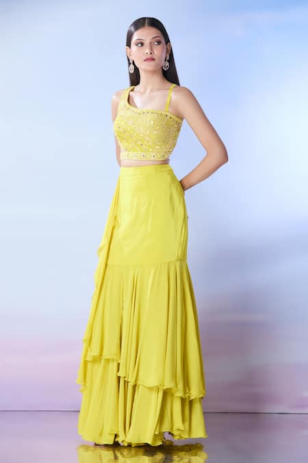 Shop_Samyukta Singhania_Yellow Silk, Georgette Cut Work, Mirrors, Sequins Embroidered Blouse And Skirt Set _Online_at_Aza_Fashions