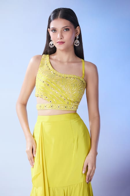 Samyukta Singhania_Yellow Silk, Georgette Cut Work, Mirrors, Sequins Embroidered Blouse And Skirt Set _at_Aza_Fashions