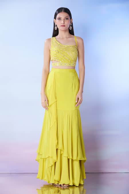 Buy_Samyukta Singhania_Yellow Silk, Georgette Cut Work, Mirrors, Sequins Embroidered Blouse And Skirt Set 