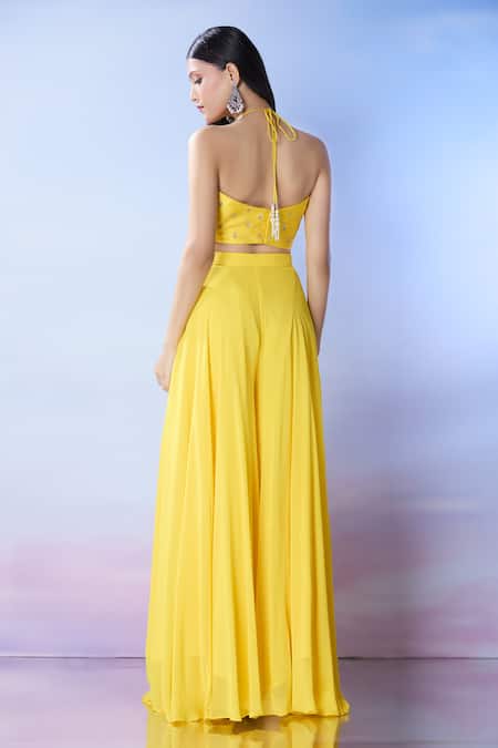 Shop_Samyukta Singhania_Yellow Silk, Crepe Cut Work, Embroidery Round Neck Blouse And Palazzo Set _at_Aza_Fashions