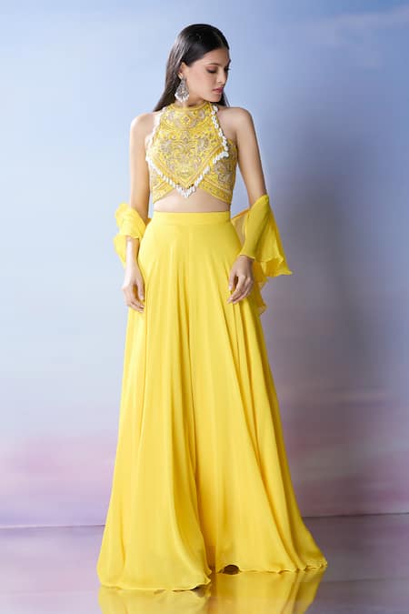 Samyukta Singhania_Yellow Silk, Crepe Cut Work, Embroidery Round Neck Blouse And Palazzo Set _Online_at_Aza_Fashions