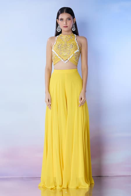Buy_Samyukta Singhania_Yellow Silk, Crepe Cut Work, Embroidery Round Neck Blouse And Palazzo Set _Online_at_Aza_Fashions