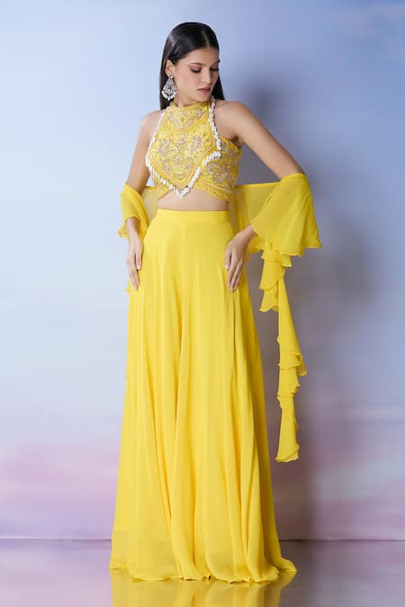 Shop_Samyukta Singhania_Yellow Silk, Crepe Cut Work, Embroidery Round Neck Blouse And Palazzo Set _Online_at_Aza_Fashions