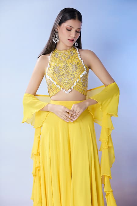 Samyukta Singhania_Yellow Silk, Crepe Cut Work, Embroidery Round Neck Blouse And Palazzo Set _at_Aza_Fashions