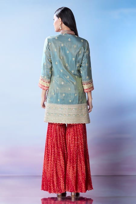 Shop_Samyukta Singhania_Gray Silk, Georgette Sequins, Embroidery Split V-neck Kurta Palazzo Set _at_Aza_Fashions