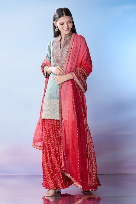 Samyukta Singhania_Gray Silk, Georgette Sequins, Embroidery Split V-neck Kurta Palazzo Set _at_Aza_Fashions