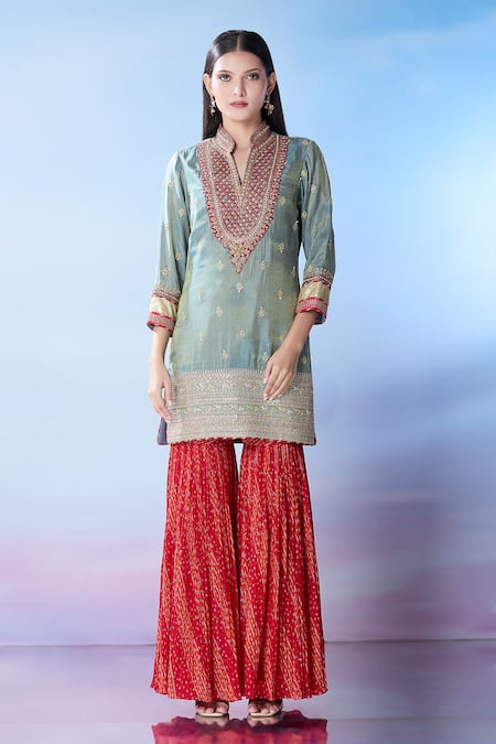 Buy_Samyukta Singhania_Gray Silk, Georgette Sequins, Embroidery Split V-neck Kurta Palazzo Set 