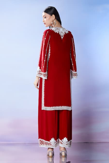 Shop_Samyukta Singhania_Red Georgette Sequins, Beads Round Neck Embroidered Kurta Palazzo Set _at_Aza_Fashions