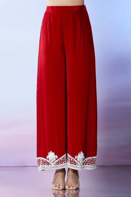 Buy_Samyukta Singhania_Red Georgette Sequins, Beads Round Neck Embroidered Kurta Palazzo Set _Online_at_Aza_Fashions