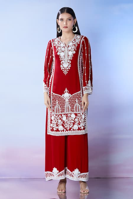 Shop_Samyukta Singhania_Red Georgette Sequins, Beads Round Neck Embroidered Kurta Palazzo Set _Online_at_Aza_Fashions