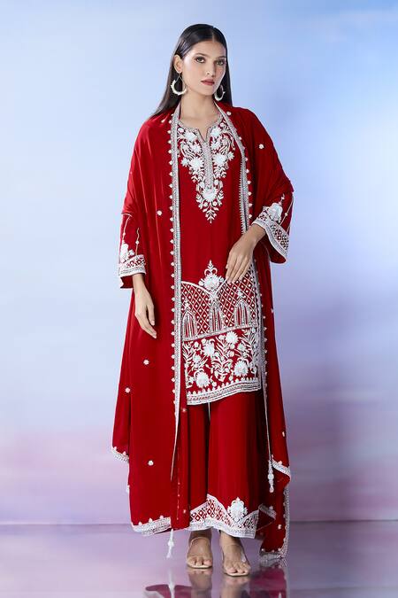Samyukta Singhania_Red Georgette Sequins, Beads Round Neck Embroidered Kurta Palazzo Set _at_Aza_Fashions