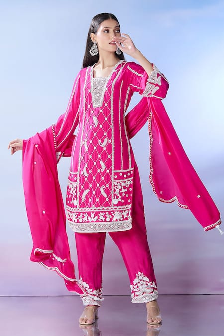 Buy Samyukta Singhania Pink Silk, Crepe, Georgette Sequins, Beads, Embroidery Split Kurta Palazzo Set Online at Aza Fashions Buy_Samyukta Singhania_Pink Silk, Crepe, Georgette Sequins, Beads, Embroidery Split Kurta Palazzo Set _Online_at_Aza_Fashions