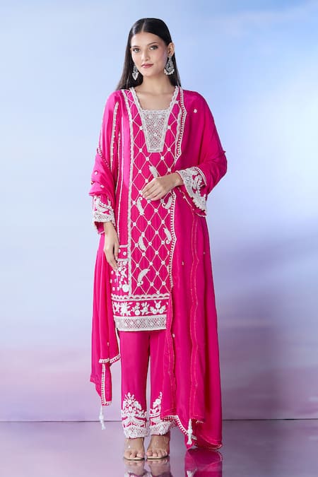 Buy Samyukta Singhania Pink Silk, Crepe, Georgette Sequins, Beads, Embroidery Split Kurta Palazzo Set Buy_Samyukta Singhania_Pink Silk, Crepe, Georgette Sequins, Beads, Embroidery Split Kurta Palazzo Set