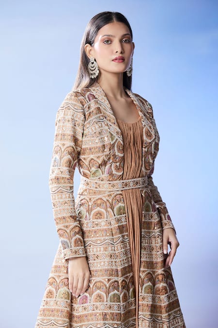 Samyukta Singhania_Beige Chiffon, Cotton Sequins, Embroidery Round Pleated Anarkali With Jacket _Online_at_Aza_Fashions