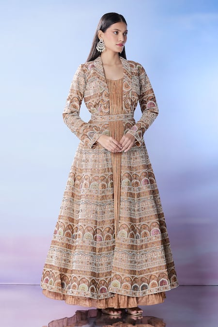 Buy_Samyukta Singhania_Beige Chiffon, Cotton Sequins, Embroidery Round Pleated Anarkali With Jacket _Online_at_Aza_Fashions