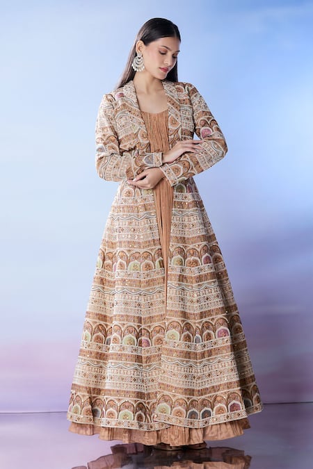 Shop_Samyukta Singhania_Beige Chiffon, Cotton Sequins, Embroidery Round Pleated Anarkali With Jacket _Online_at_Aza_Fashions