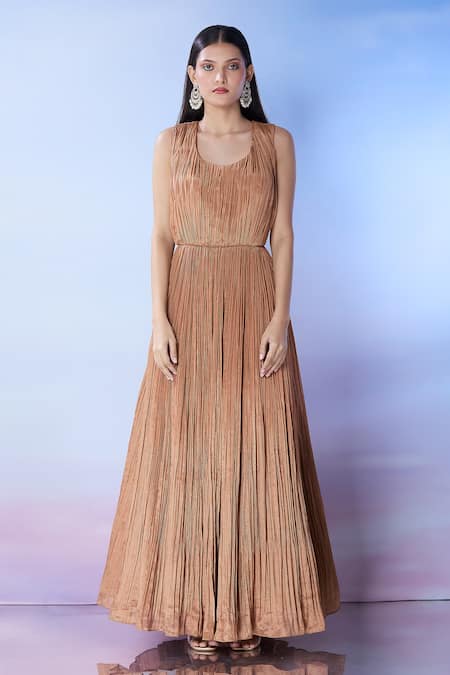 Samyukta Singhania_Beige Chiffon, Cotton Sequins, Embroidery Round Pleated Anarkali With Jacket _at_Aza_Fashions