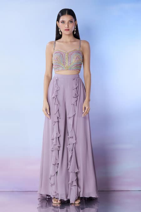 Samyukta Singhania_Purple Georgette Sequins Round Neck Embroidered Fusion Jacket And Palazzo Set _Online_at_Aza_Fashions