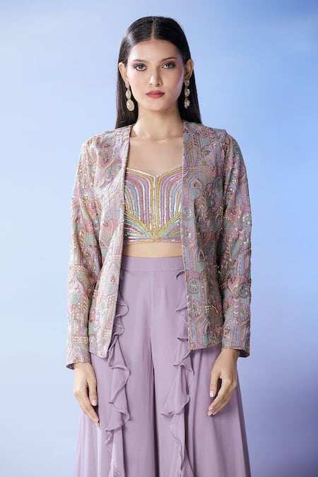 Buy_Samyukta Singhania_Purple Georgette Sequins Round Neck Embroidered Fusion Jacket And Palazzo Set _Online_at_Aza_Fashions