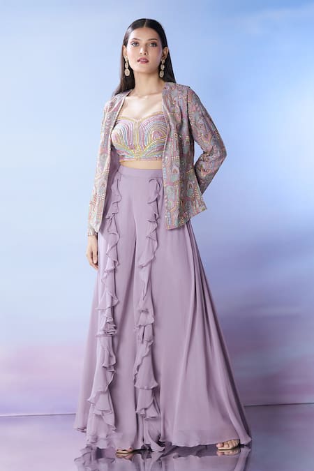 Shop_Samyukta Singhania_Purple Georgette Sequins Round Neck Embroidered Fusion Jacket And Palazzo Set _Online_at_Aza_Fashions