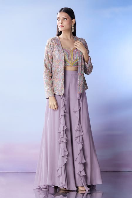 Samyukta Singhania_Purple Georgette Sequins Round Neck Embroidered Fusion Jacket And Palazzo Set _at_Aza_Fashions