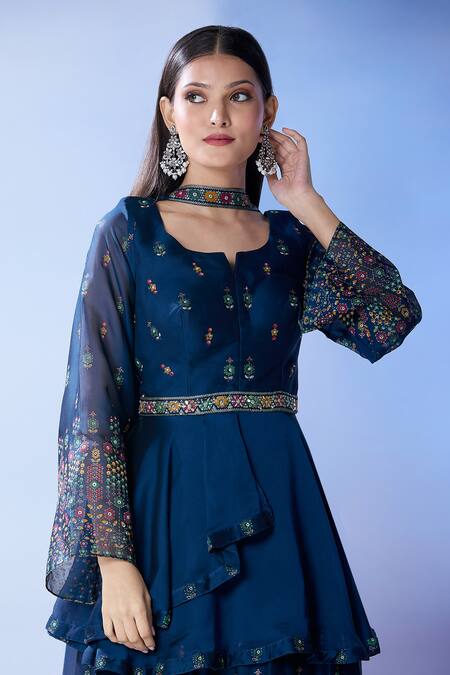 Samyukta Singhania_Blue Crepe Sequins, Embroidery, Cut Work Anarkali And Palazzo Set_Online_at_Aza_Fashions