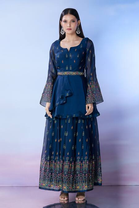 Shop_Samyukta Singhania_Blue Crepe Sequins, Embroidery, Cut Work Anarkali And Palazzo Set_Online_at_Aza_Fashions