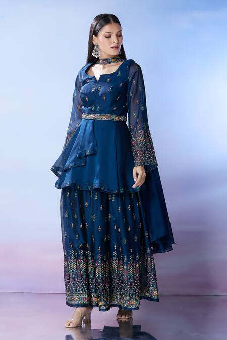 Samyukta Singhania_Blue Crepe Sequins, Embroidery, Cut Work Anarkali And Palazzo Set_at_Aza_Fashions