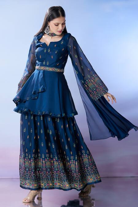 Buy_Samyukta Singhania_Blue Crepe Sequins, Embroidery, Cut Work Anarkali And Palazzo Set