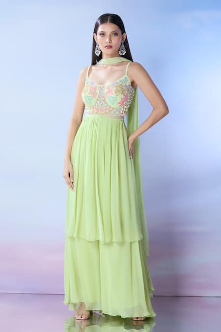 Buy_Samyukta Singhania_Green Georgette Sequins, Beads Round Neck Embroidered Anarkali Sharara Set _Online_at_Aza_Fashions