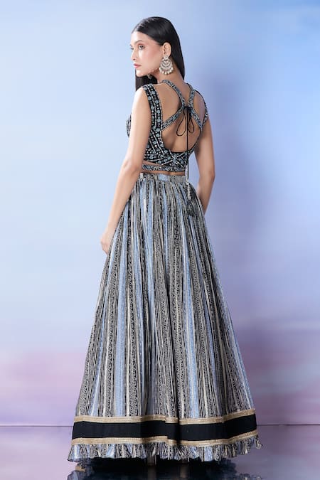 Shop_Samyukta Singhania_Black Silk, Georgette Sequins, Embroidery V-neck Blue Lehenga Set _at_Aza_Fashions