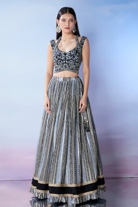 Samyukta Singhania_Black Silk, Georgette Sequins, Embroidery V-neck Blue Lehenga Set _Online_at_Aza_Fashions
