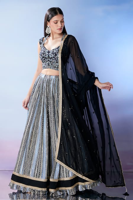 Buy_Samyukta Singhania_Black Silk, Georgette Sequins, Embroidery V-neck Blue Lehenga Set _Online_at_Aza_Fashions