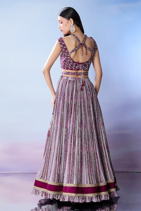 Shop Samyukta Singhania Purple Silk, Georgette Sequins, Embroidery V-neck Bandhani Pattern Lehenga Set at Aza Fashions Shop_Samyukta Singhania_Purple Silk, Georgette Sequins, Embroidery V-neck Bandhani Pattern Lehenga Set _at_Aza_Fashions