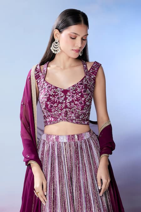 Samyukta Singhania Purple Silk, Georgette Sequins, Embroidery V-neck Bandhani Pattern Lehenga Set at Aza Fashions Samyukta Singhania_Purple Silk, Georgette Sequins, Embroidery V-neck Bandhani Pattern Lehenga Set _at_Aza_Fashions