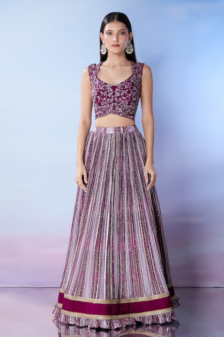 Buy Samyukta Singhania Purple Silk, Georgette Sequins, Embroidery V-neck Bandhani Pattern Lehenga Set Buy_Samyukta Singhania_Purple Silk, Georgette Sequins, Embroidery V-neck Bandhani Pattern Lehenga Set