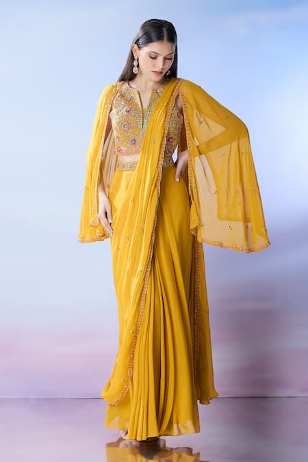 Samyukta Singhania Embroidered Pre-Draped Saree With Blouse 