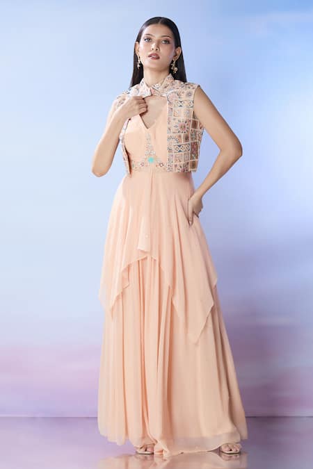 Samyukta Singhania Peach Embroidered Jacket Sharara Set 