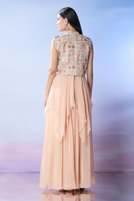Shop Samyukta Singhania Peach Georgette Sequins, Embroidery V-neck, High Neck, Jacket Sharara Set at Aza Fashions Shop_Samyukta Singhania_Peach Georgette Sequins, Embroidery V-neck, High Neck, Jacket Sharara Set_at_Aza_Fashions