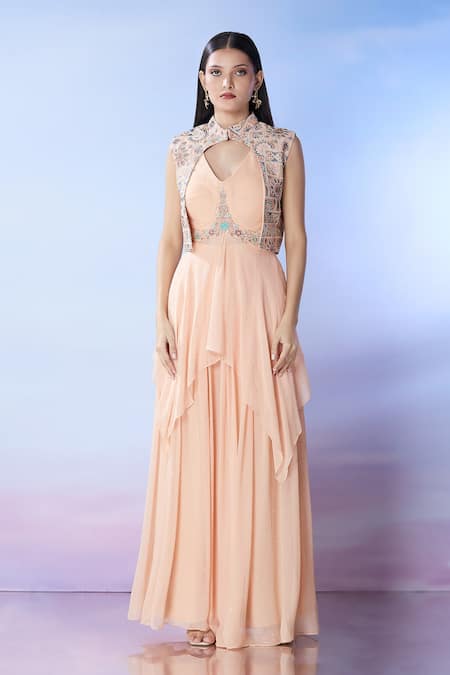 Samyukta Singhania Peach Georgette Sequins, Embroidery V-neck, High Neck, Jacket Sharara Set Online at Aza Fashions Samyukta Singhania_Peach Georgette Sequins, Embroidery V-neck, High Neck, Jacket Sharara Set_Online_at_Aza_Fashions