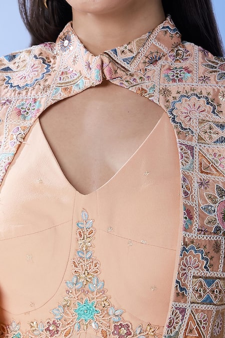 Buy Samyukta Singhania Peach Georgette Sequins, Embroidery V-neck, High Neck, Jacket Sharara Set Online at Aza Fashions Buy_Samyukta Singhania_Peach Georgette Sequins, Embroidery V-neck, High Neck, Jacket Sharara Set_Online_at_Aza_Fashions